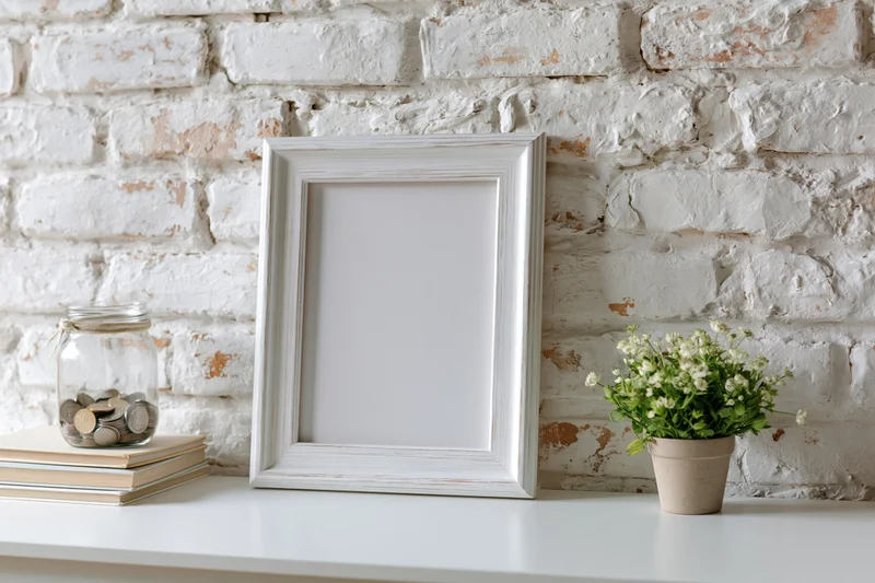 Empty white picture frame leaning on a shelf against a whitewashed brick wall with books, a coin jar, and a potted plant