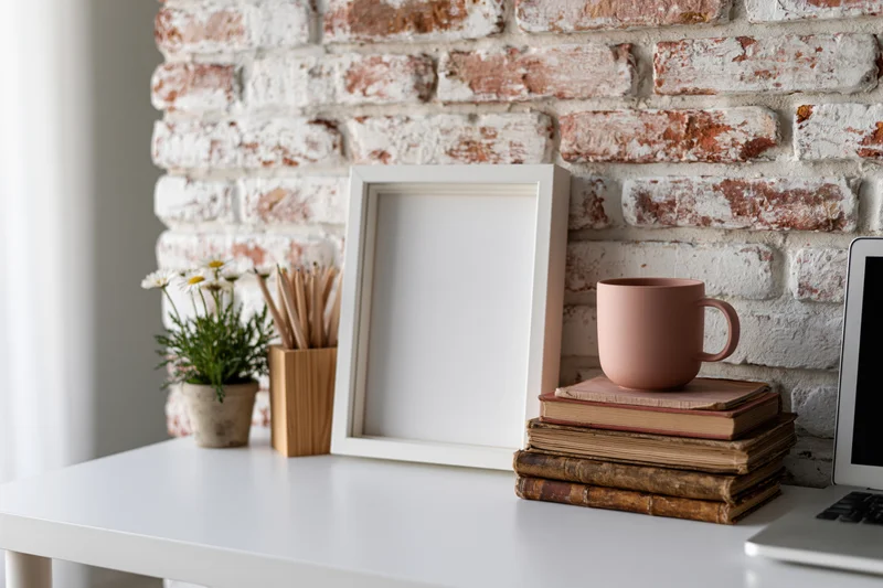 Empty white frame leaning on desk beside books and mug against whitewashed brick wall