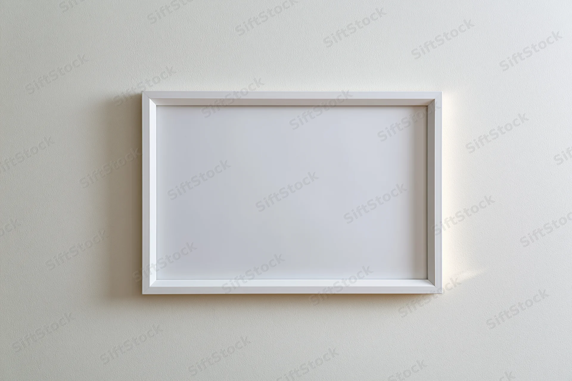 White empty picture frame mounted on off-white wall