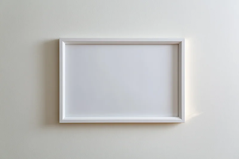 White empty picture frame mounted on off-white wall