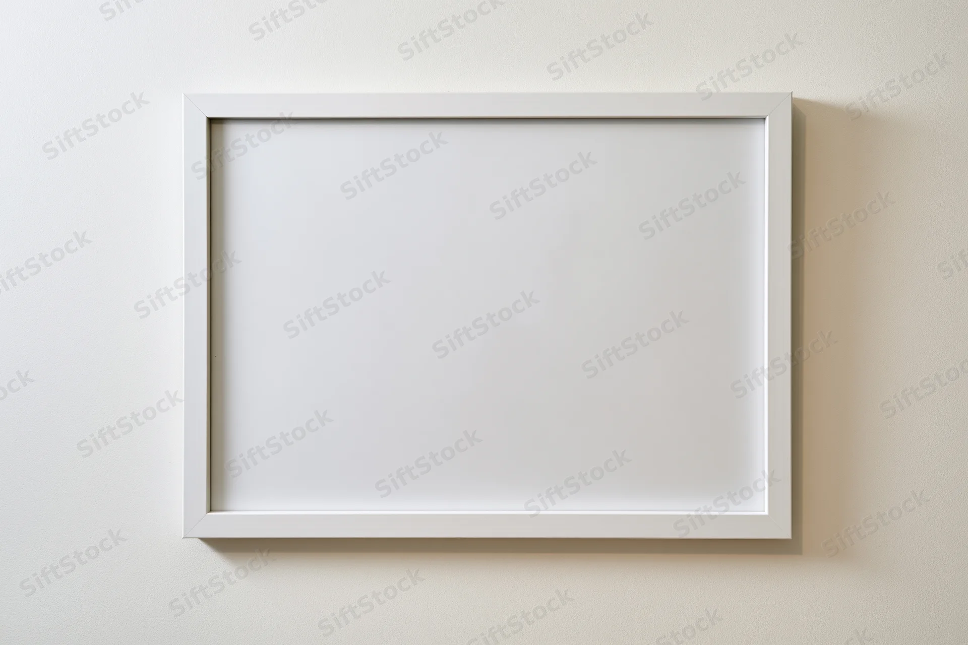 White empty picture frame mounted on off-white wall