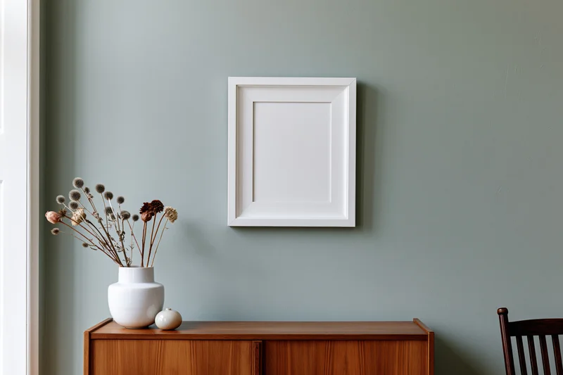 White empty frame mounted on sage-green wall above wooden cabinet with vase of dried flowers