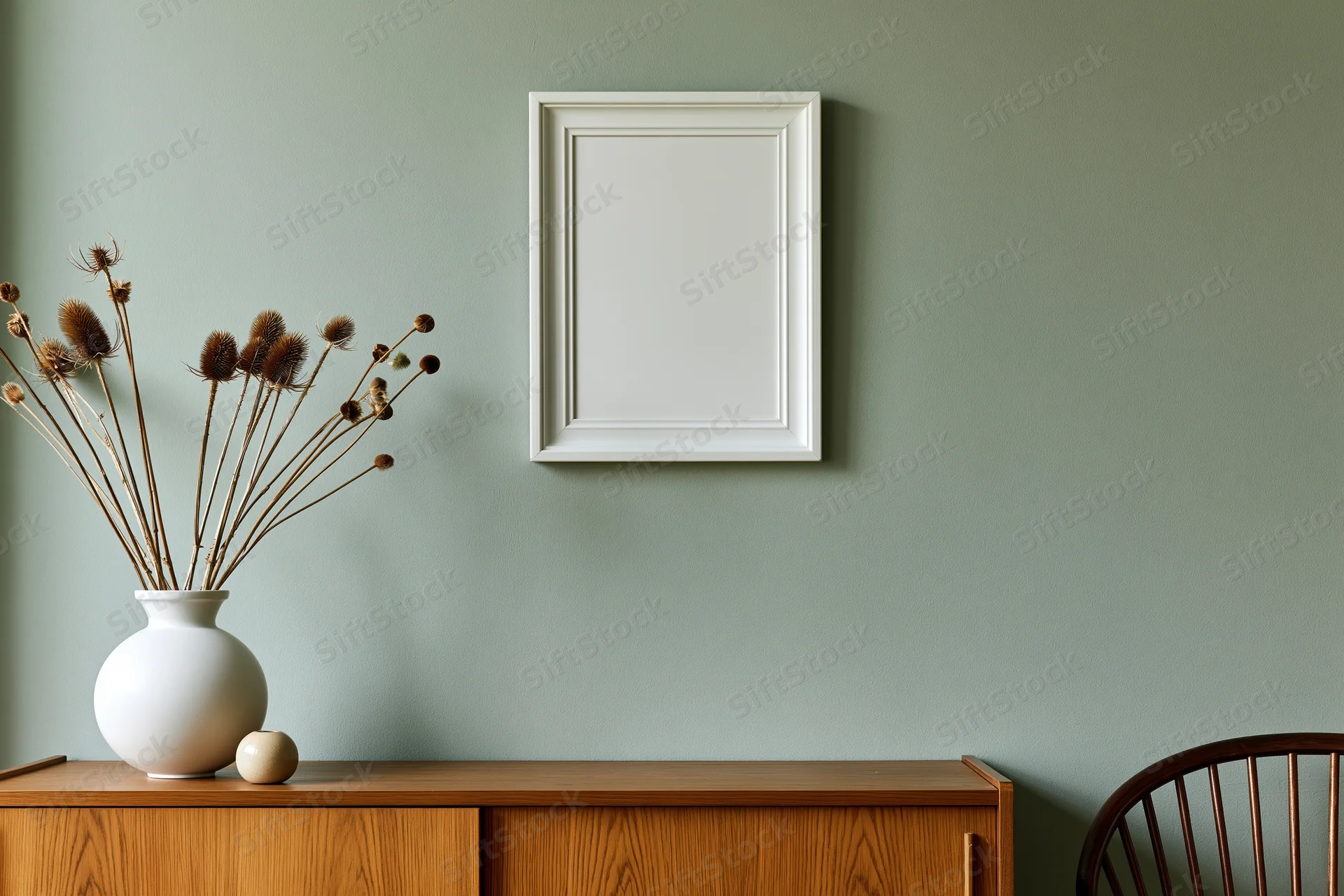 White empty frame mounted on sage-green wall above wooden cabinet with vase of dried teasel flowers