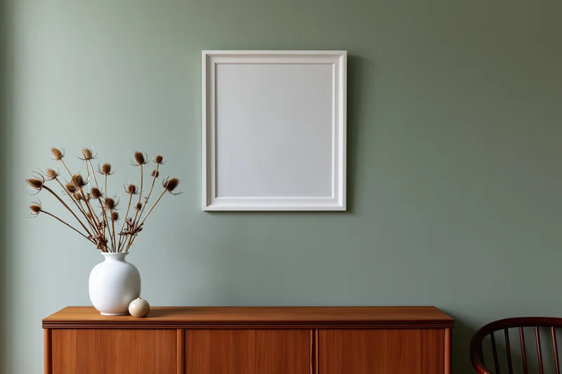 Empty white frame mounted on a muted sage-green wall above a wooden cabinet with a vase of dried flowers
