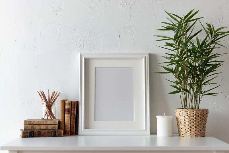 Empty white frame with wide mat leaning on white shelf beside bamboo plant and books