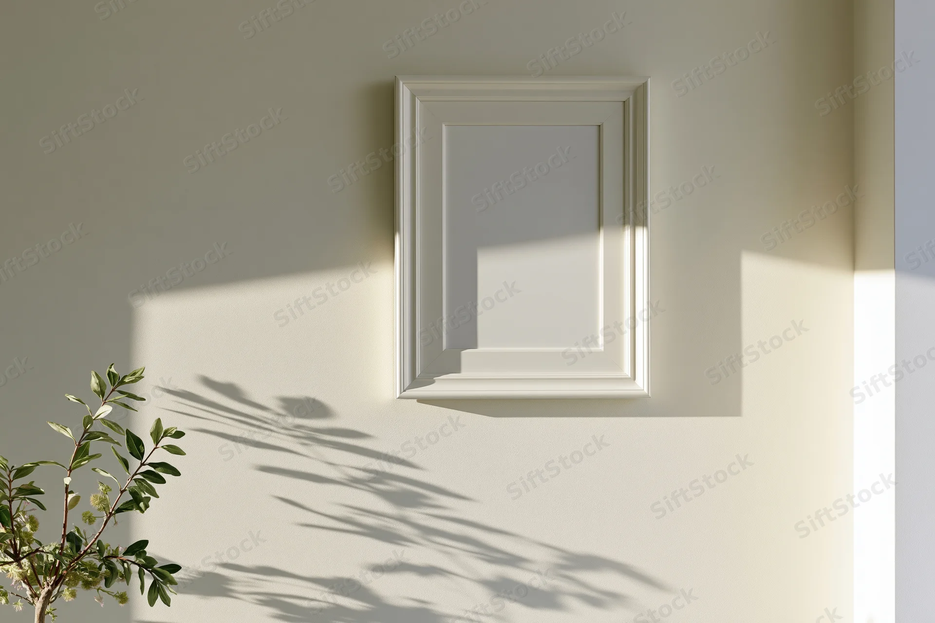 White rectangular frame mounted on a pale wall with plant shadow beside it