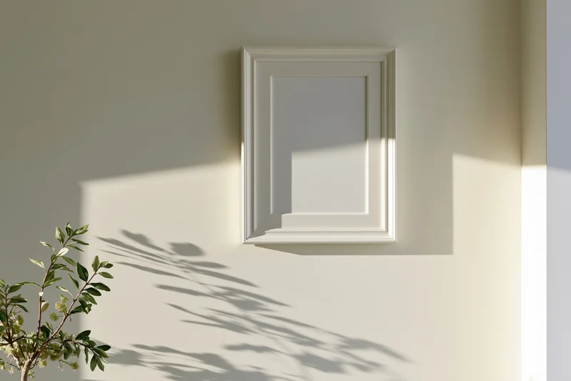 White rectangular frame mounted on a pale wall with plant shadow beside it