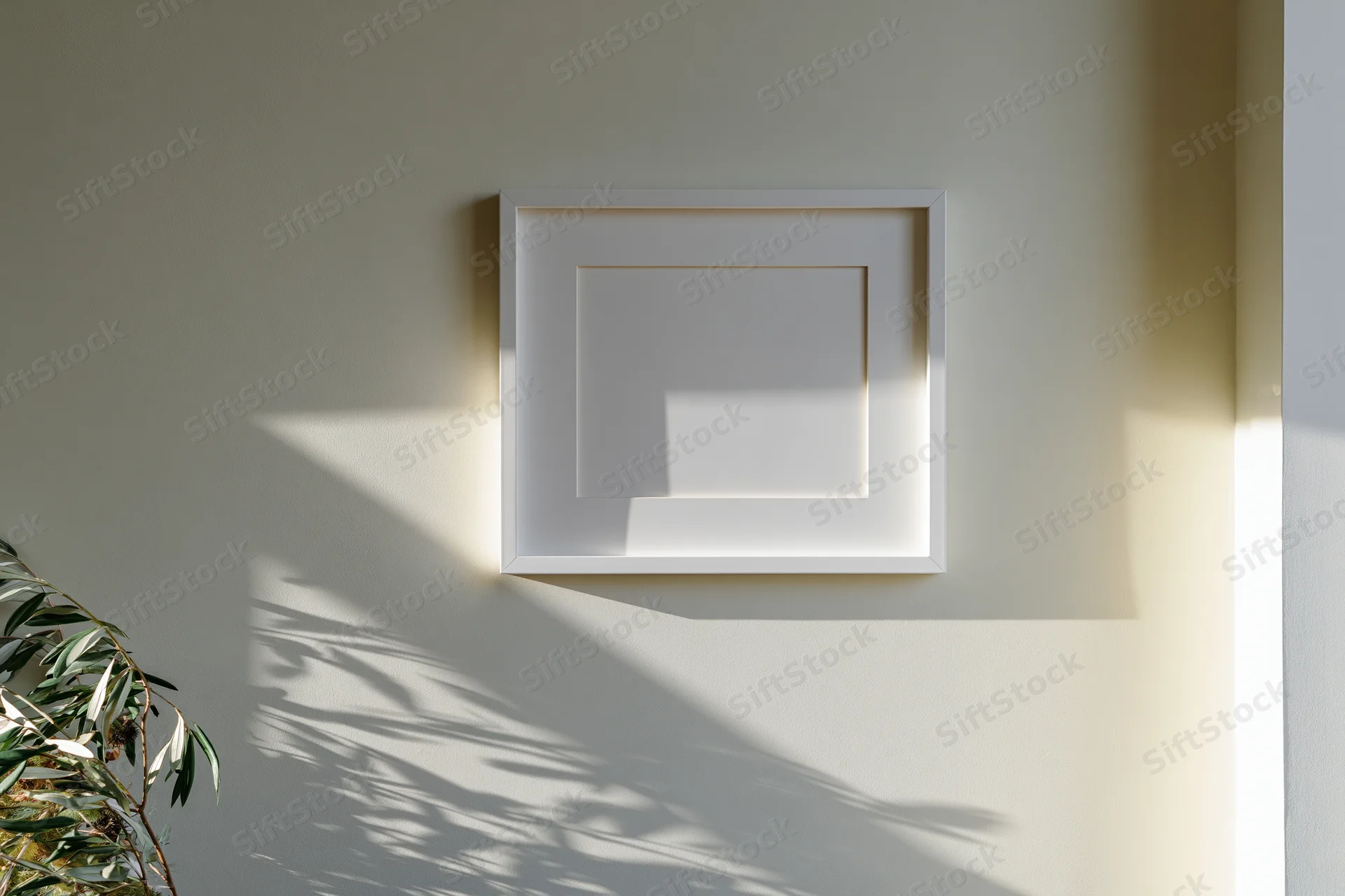 White empty picture frame mounted on a pale off-white wall with plant shadows cast across it
