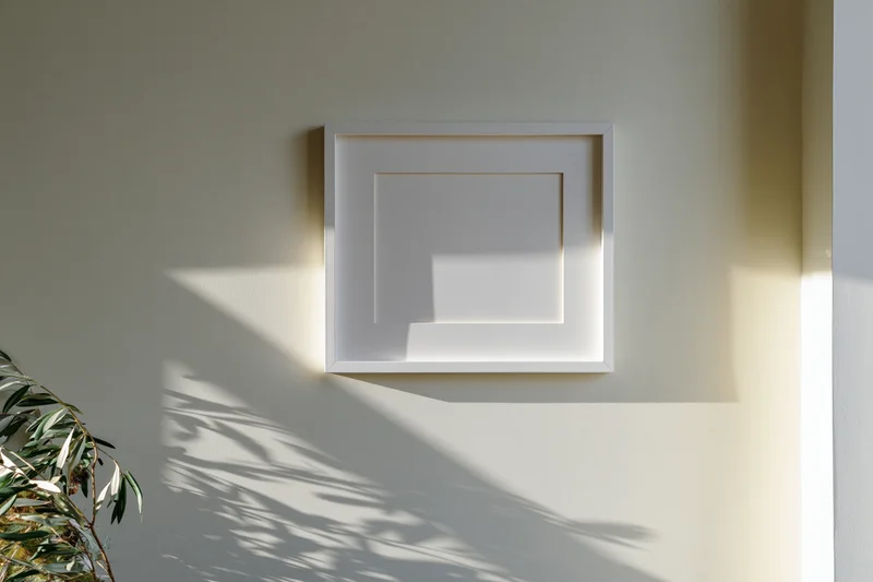 White empty picture frame mounted on a pale off-white wall with plant shadows cast across it