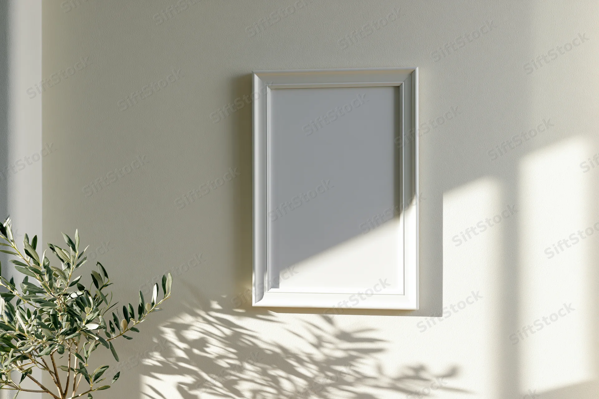 White rectangular frame mounted on a pale wall with plant shadow and sunlight