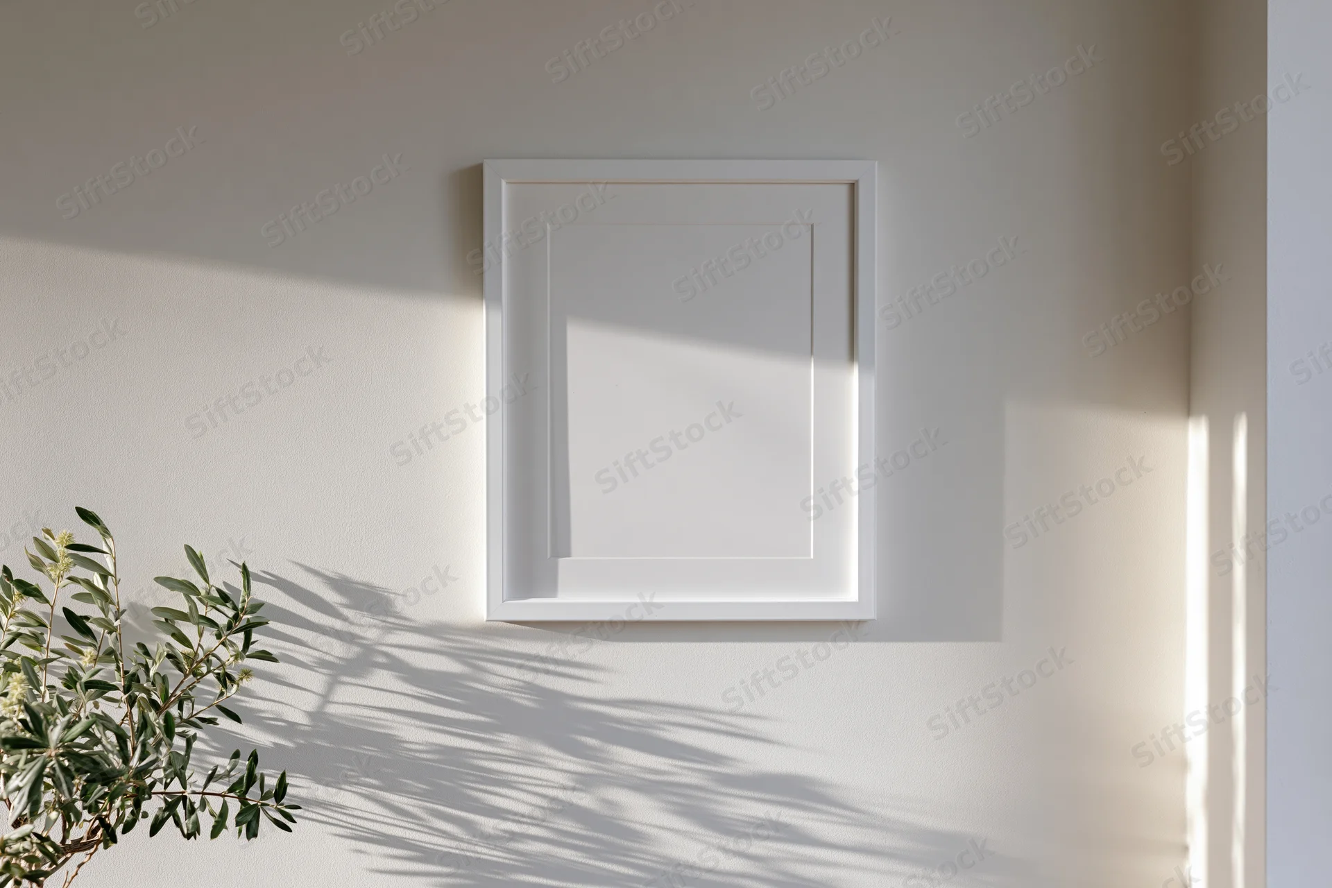 White rectangular frame mounted on a pale wall with plant shadow beside it