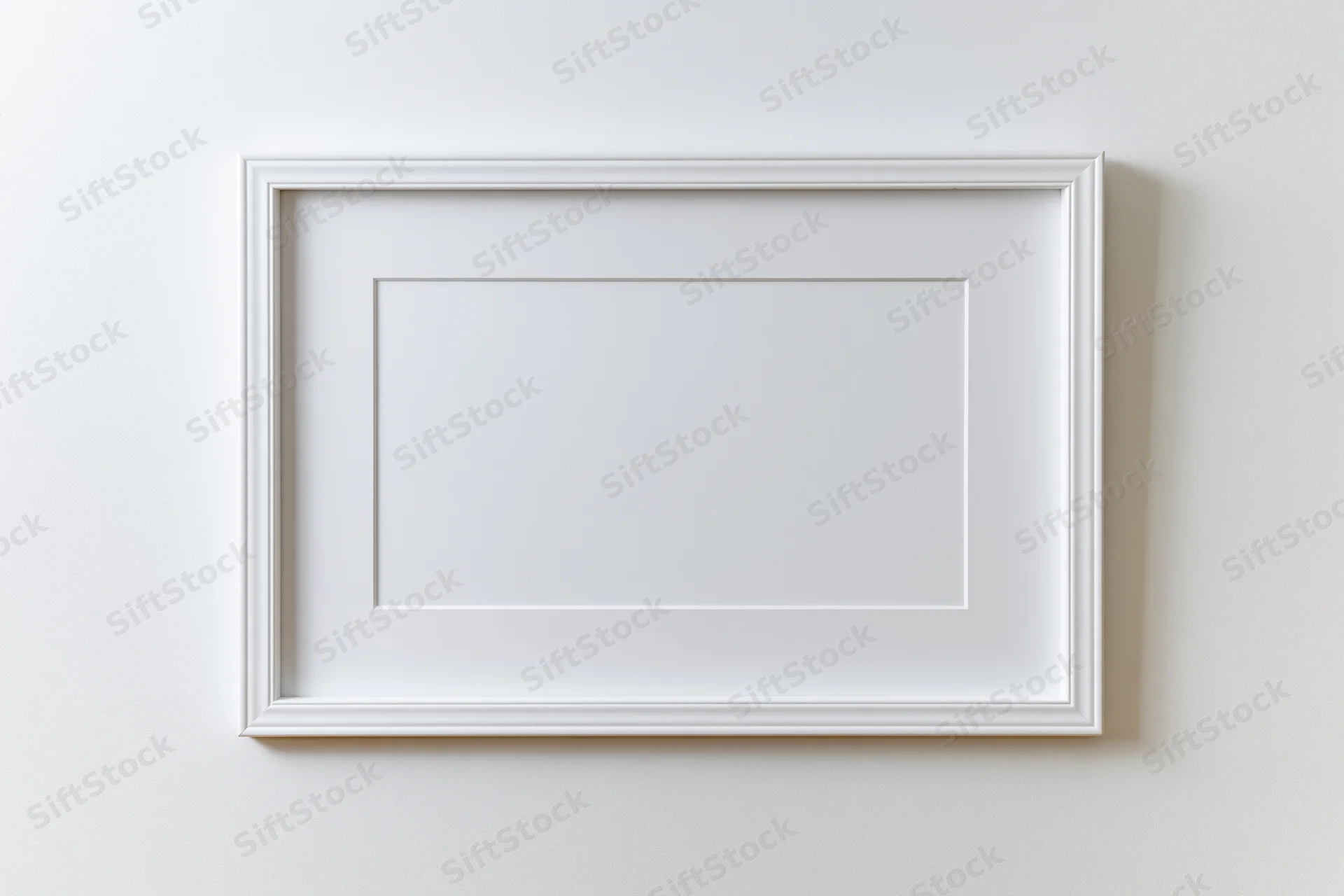 White rectangular picture frame with thin molded border hanging on a plain wall