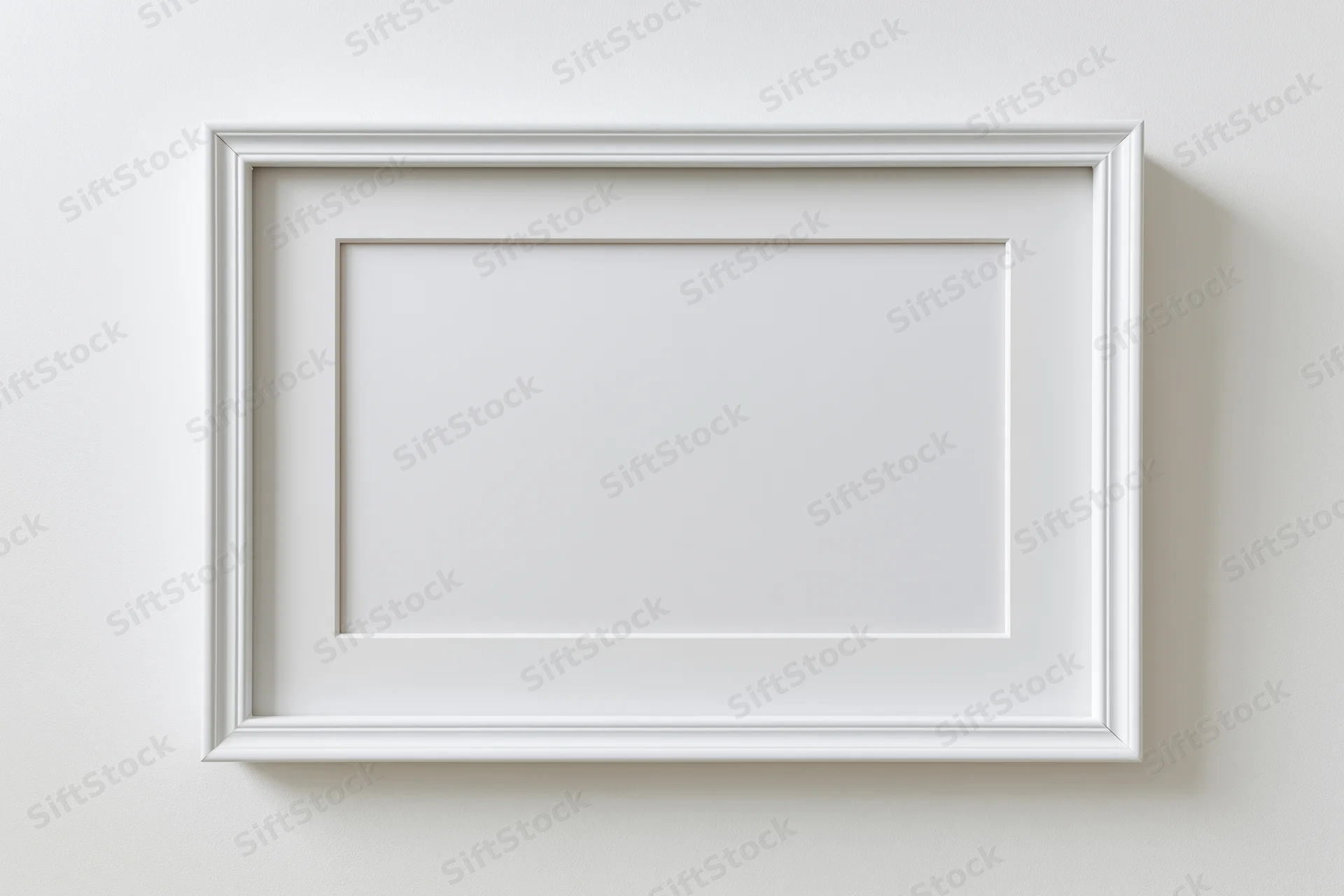 White rectangular picture frame mounted on a plain wall with empty space for artwork