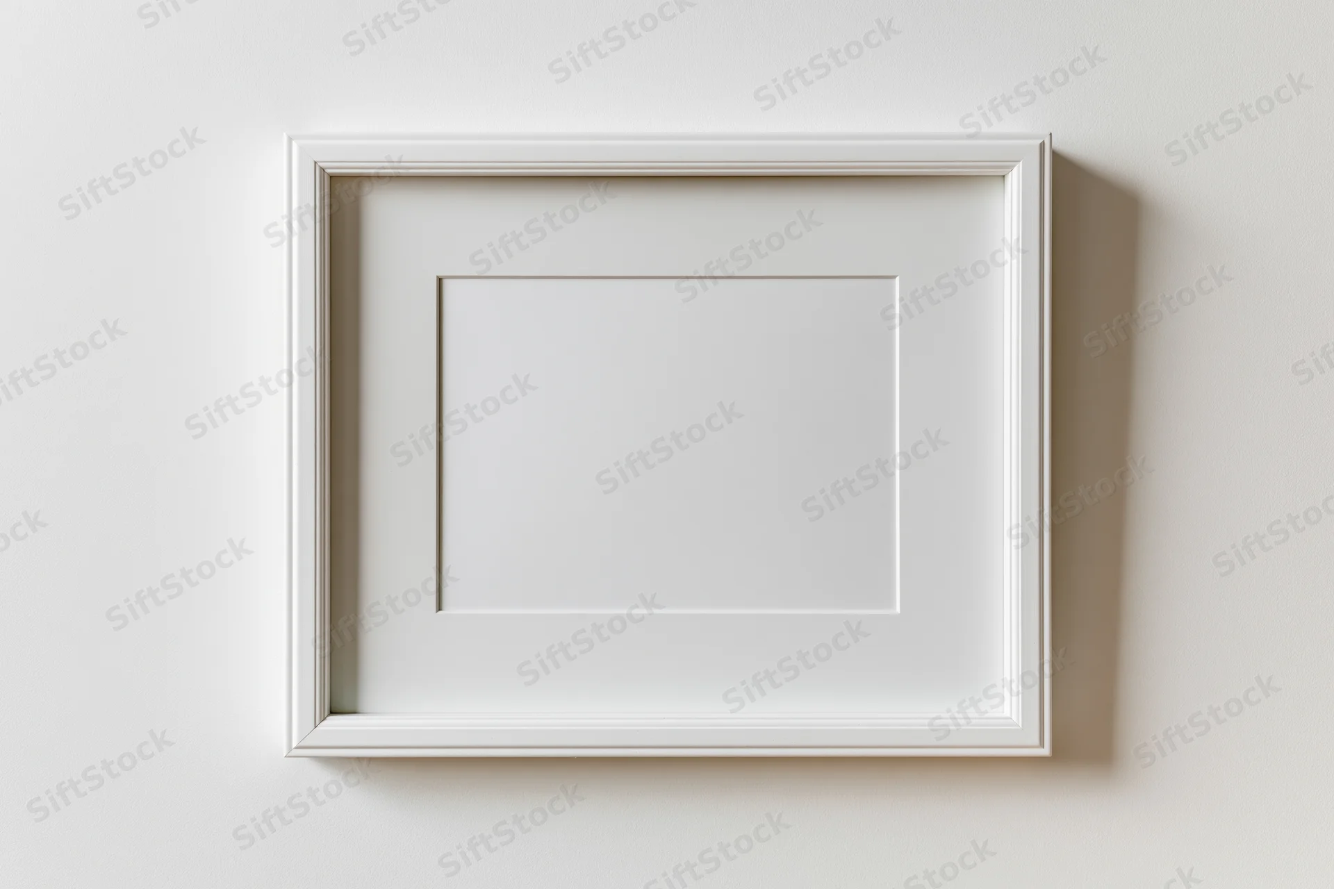 White rectangular picture frame with thin molded border hanging on a plain wall