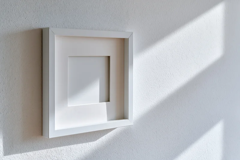 White square picture frame with wide mat hanging on textured wall in sunlight