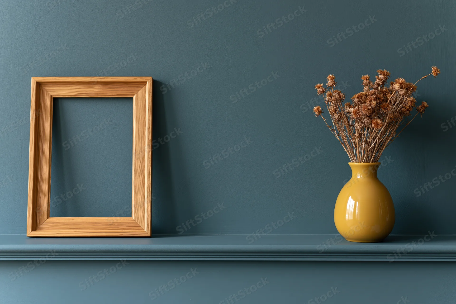 Empty wooden frame leaning on a blue shelf beside a yellow vase with dried flowers