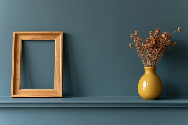 Empty wooden frame leaning on a blue shelf beside a yellow vase with dried flowers