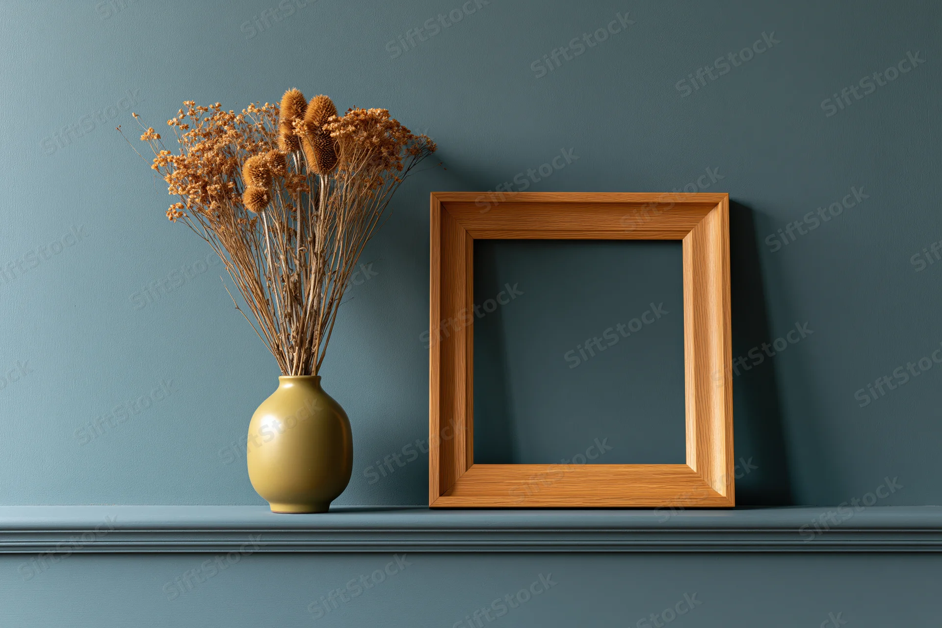 Empty wooden frame leaning on shelf beside vase with dried flowers against teal wall