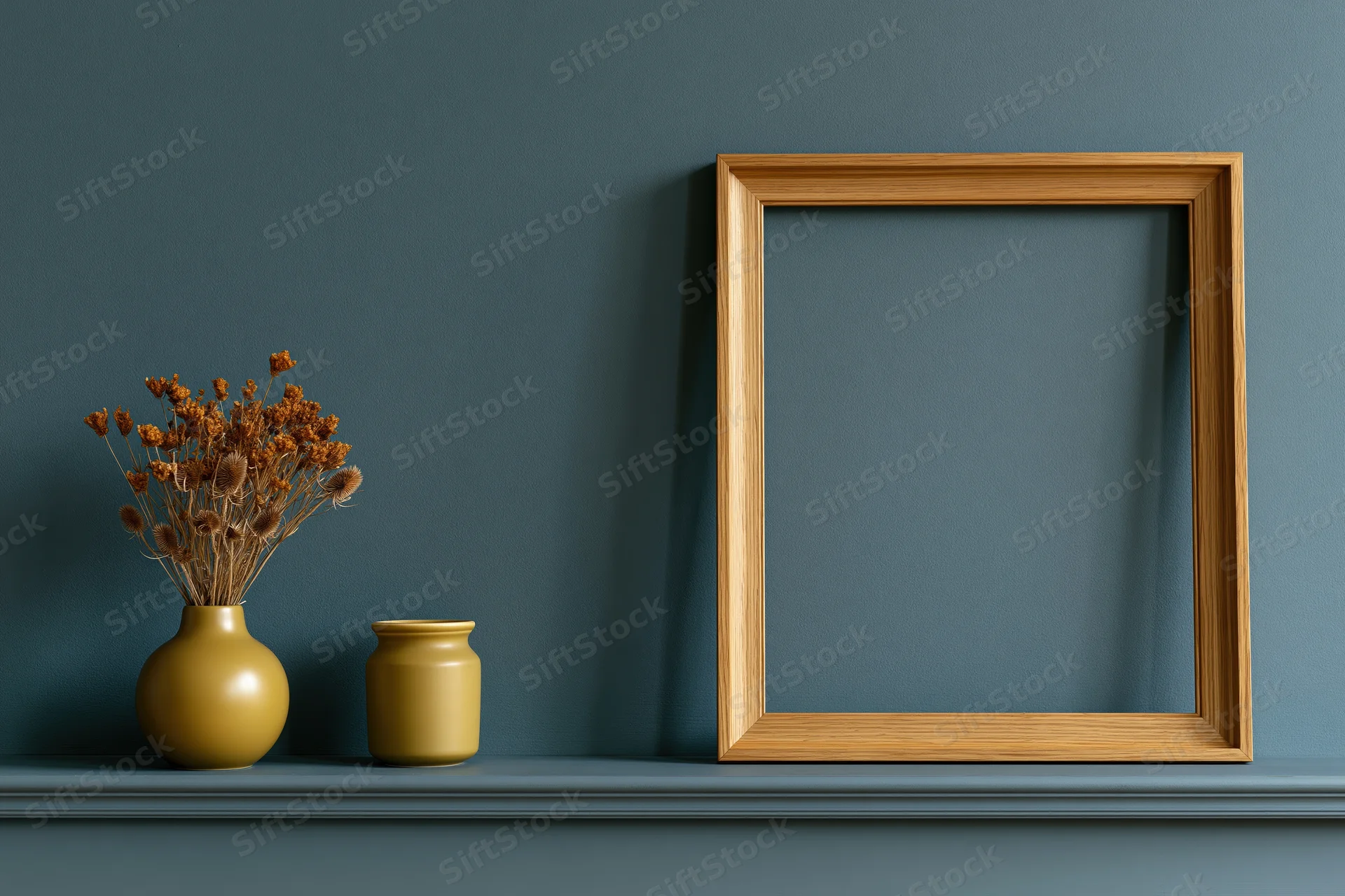 Empty wooden frame leaning on a shelf beside a yellow vase with dried flowers against a teal-grey wall