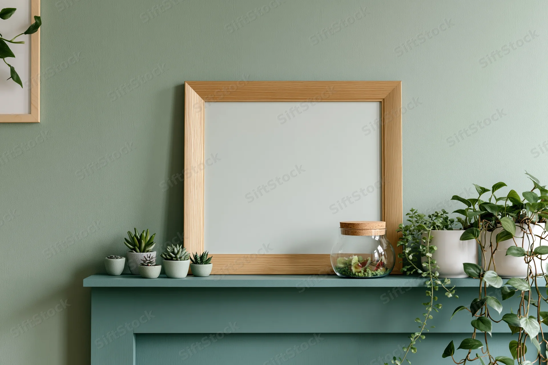 Empty wooden picture frame leaning on a teal mantel with potted plants and a terrarium against a sage-green wall