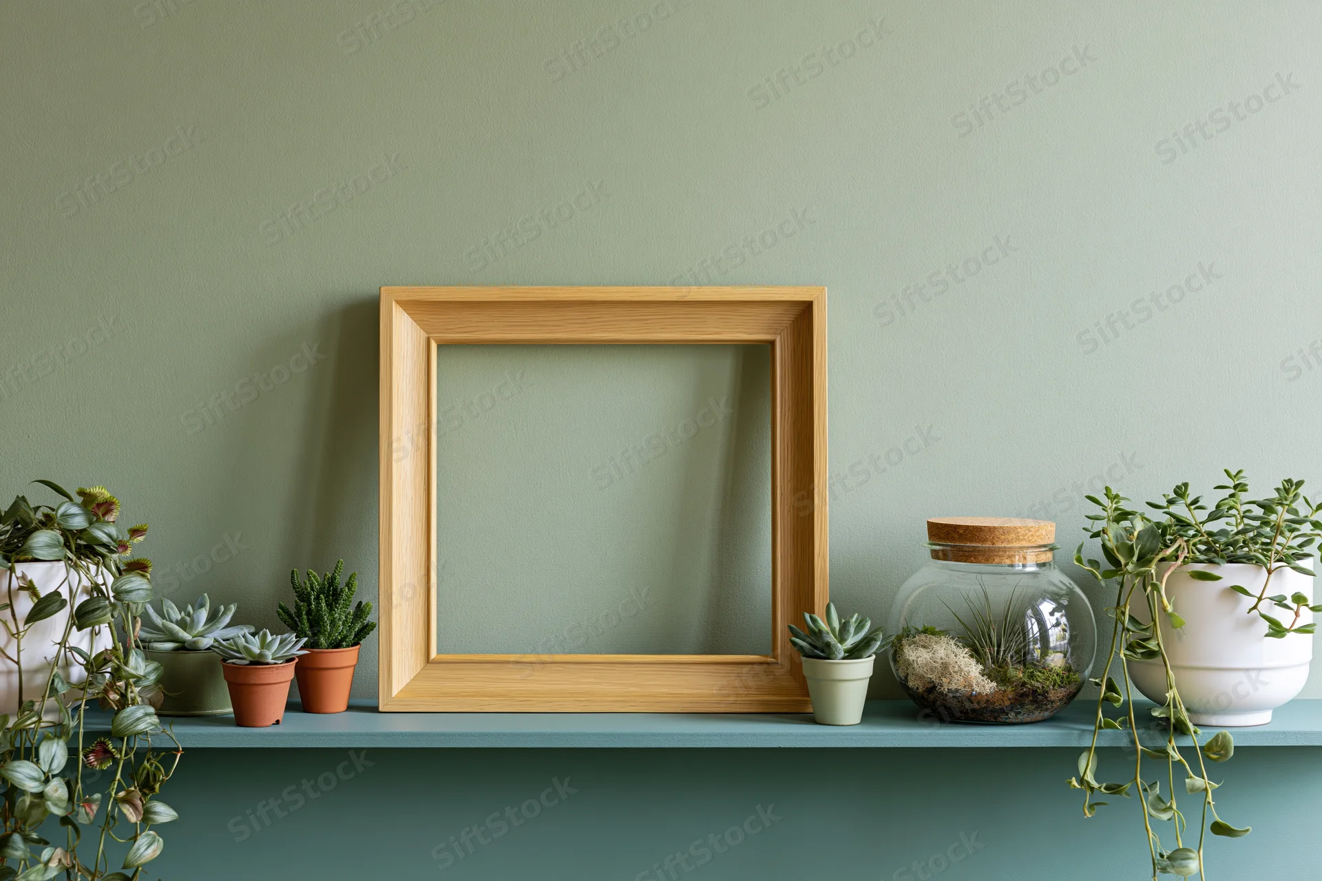 Empty wooden frame leaning on a shelf with potted succulents and a glass terrarium against a sage-green wall