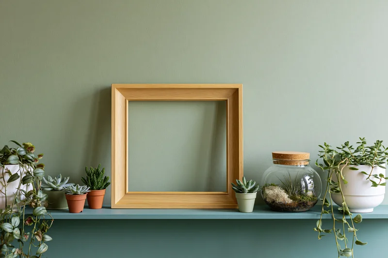 Empty wooden frame leaning on a shelf with potted succulents and a glass terrarium against a sage-green wall