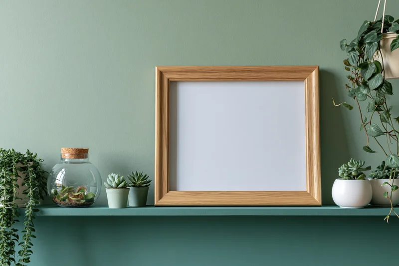 Empty wooden frame on a green shelf with potted plants and a terrarium against a sage-green wall
