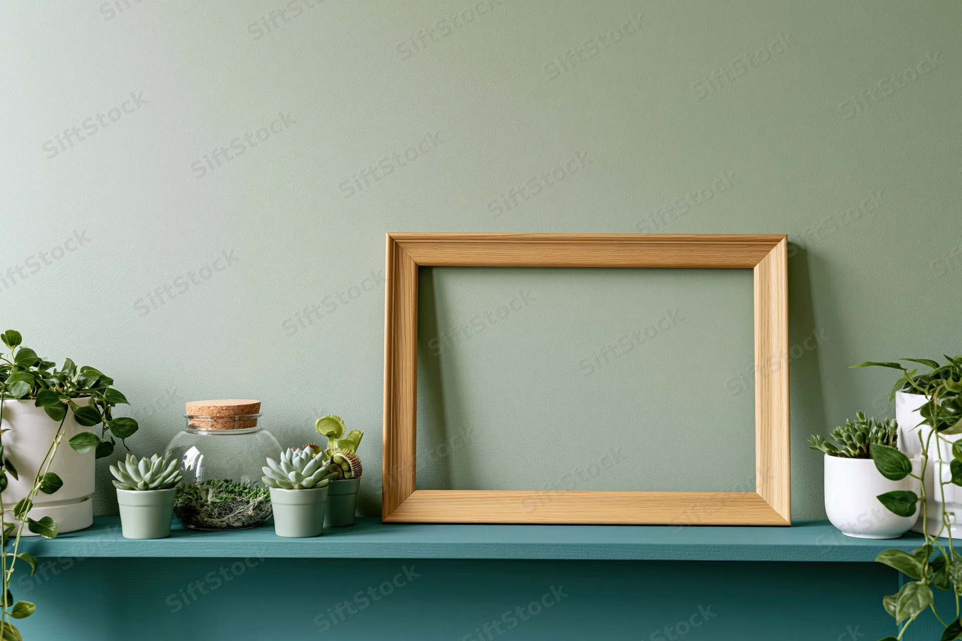 Empty wooden frame leaning on teal shelf with potted succulents and green wall behind