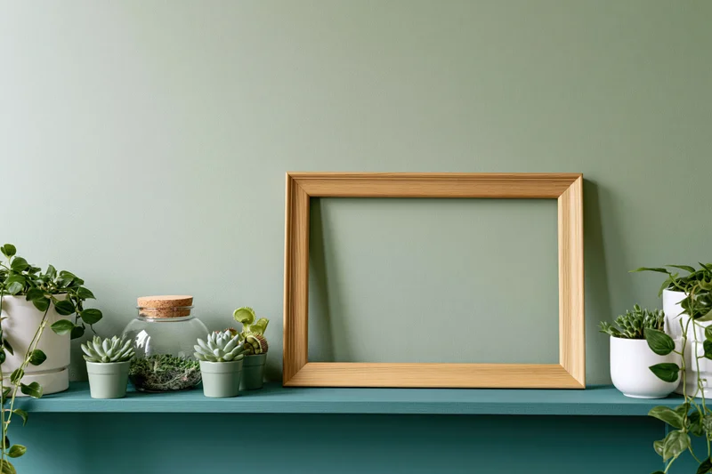 Empty wooden frame leaning on teal shelf with potted succulents and green wall behind