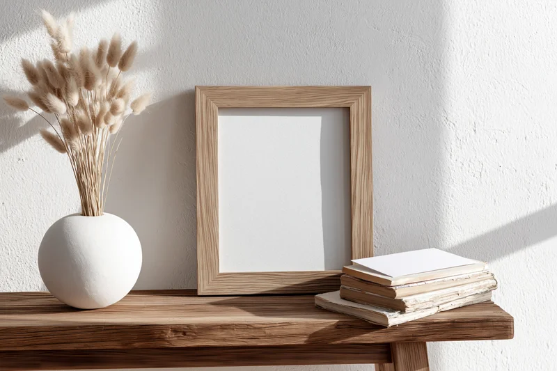 Empty wooden picture frame leaning on a wooden shelf beside a white vase with dried pampas grass and a stack of books against a white textured wall
