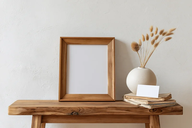 Empty wooden picture frame leaning on a console table beside a ceramic vase with dried pampas grass and stacked books
