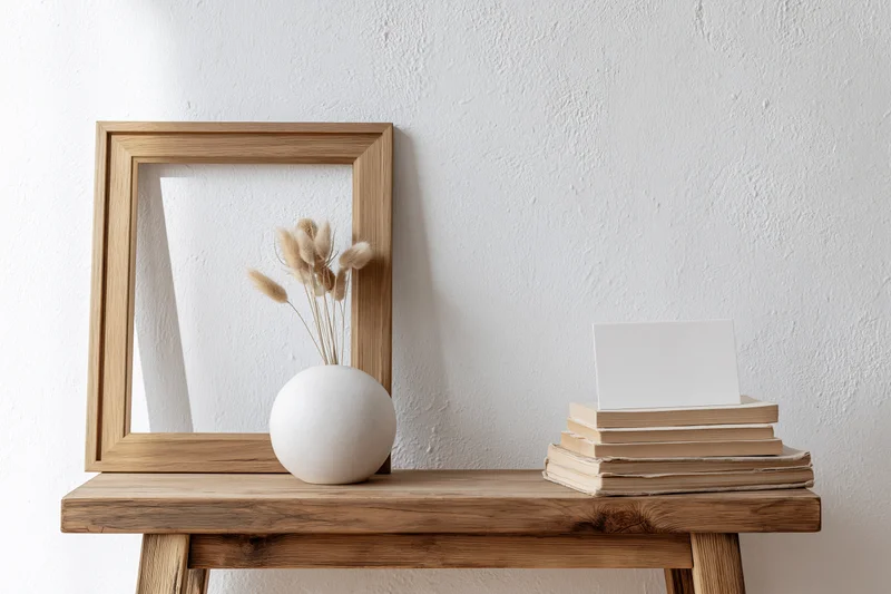 Empty wooden frame leaning on a console table with books and a vase of dried pampas grass against a white textured wall