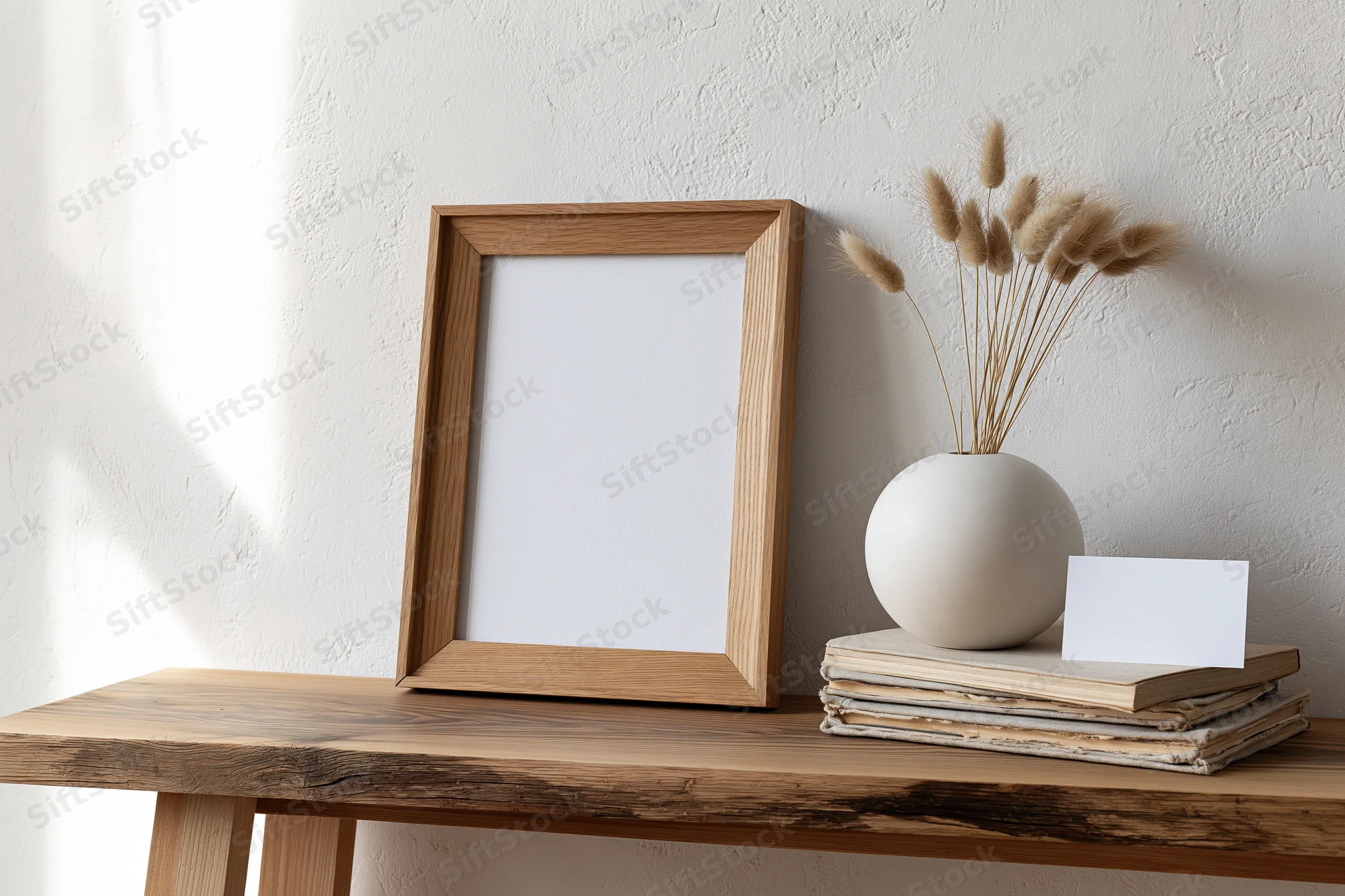 Empty wooden picture frame leaning on a rustic table beside a vase with dried pampas grass and stacked books