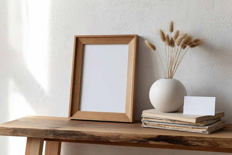 Empty wooden picture frame leaning on a rustic table beside a vase with dried pampas grass and stacked books