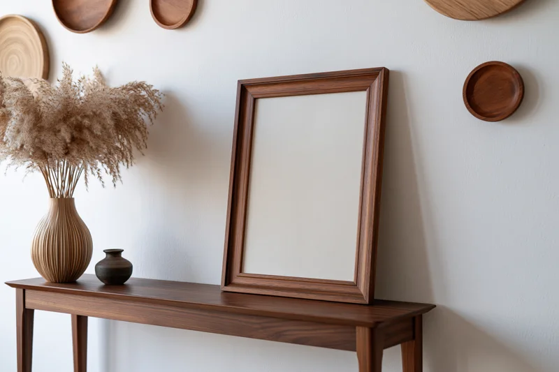 Empty wooden picture frame leaning on a console table against a white wall with decorative plates and dried grass in a vase