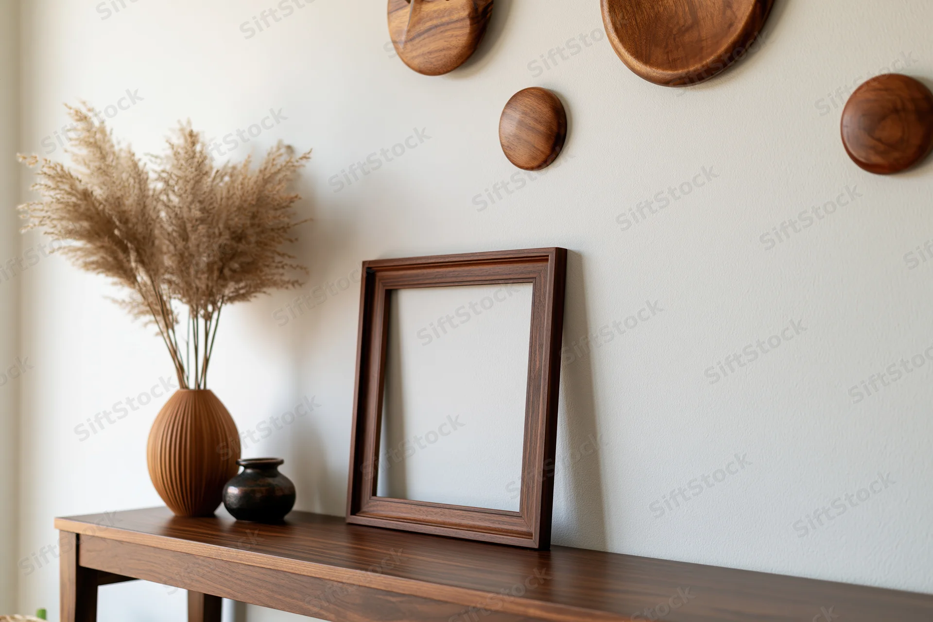 Empty wooden picture frame leaning against white wall on console table with vase of dried pampas grass and decorative wall pieces