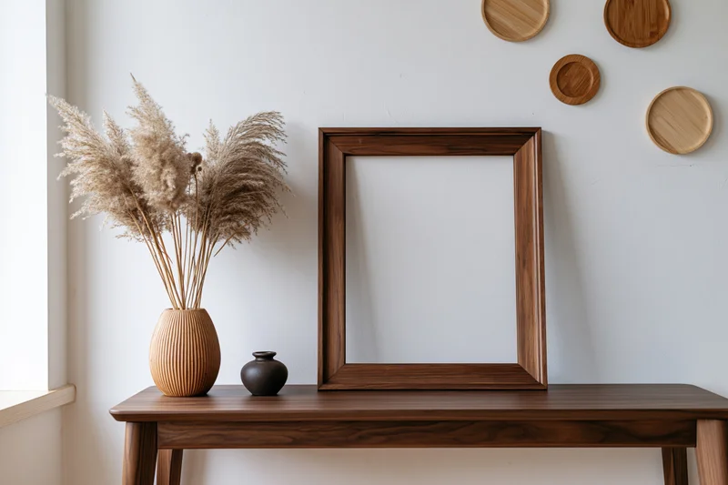 Empty wooden frame leaning on console table beside vase with dried pampas grass and small ceramic pot, white wall with decorative wooden plates above