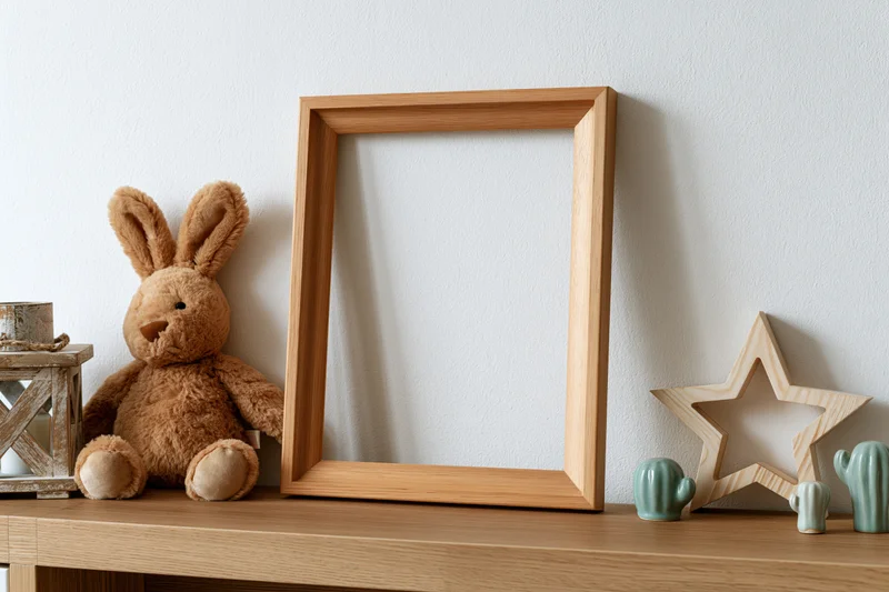 Empty wooden frame leaning on a shelf beside a plush rabbit and decorative star and cacti