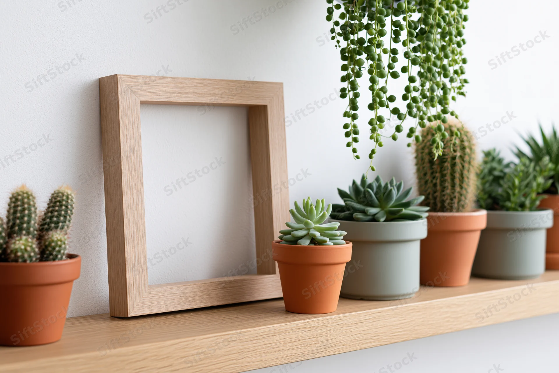 Empty wooden frame leaning on a shelf with potted succulents and cacti against a white wall