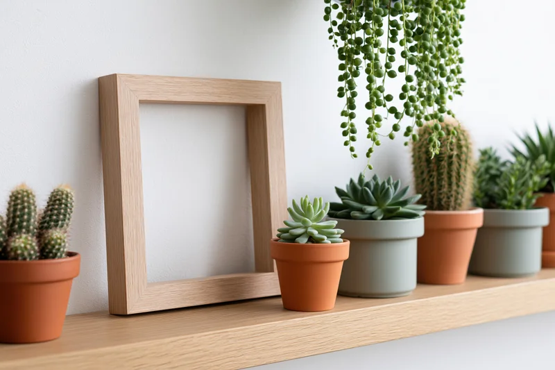 Empty wooden frame leaning on a shelf with potted succulents and cacti against a white wall