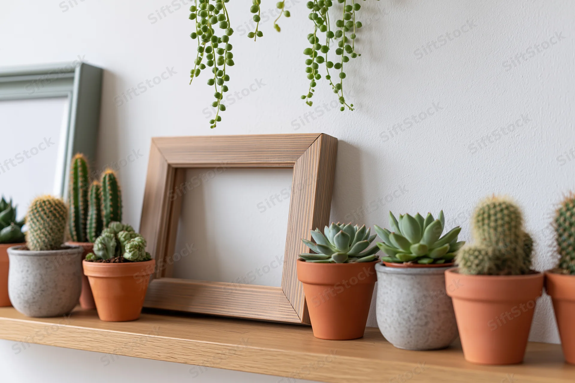 Empty wooden frame leaning on a shelf with potted succulents and cacti against a white wall