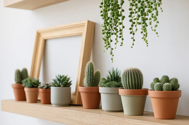 Various potted succulents and cacti arranged on a wooden shelf with an empty frame leaning against the wall