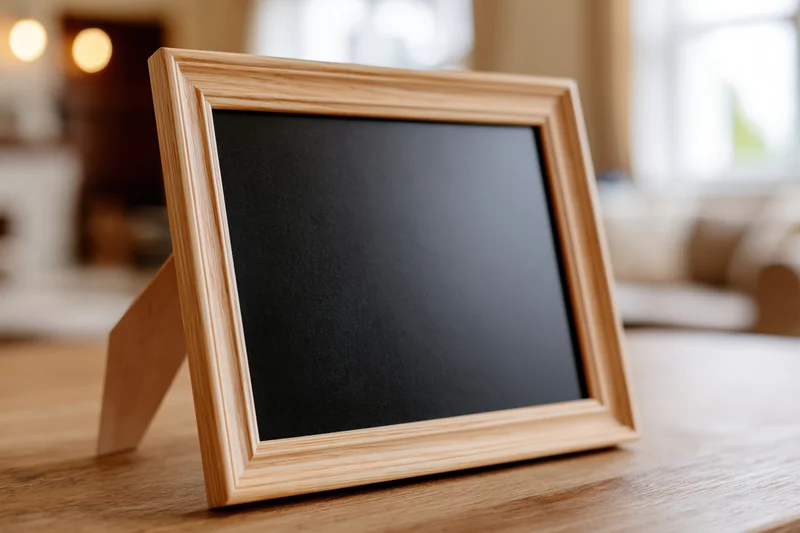 Wooden picture frame with black interior standing on a table in a living room
