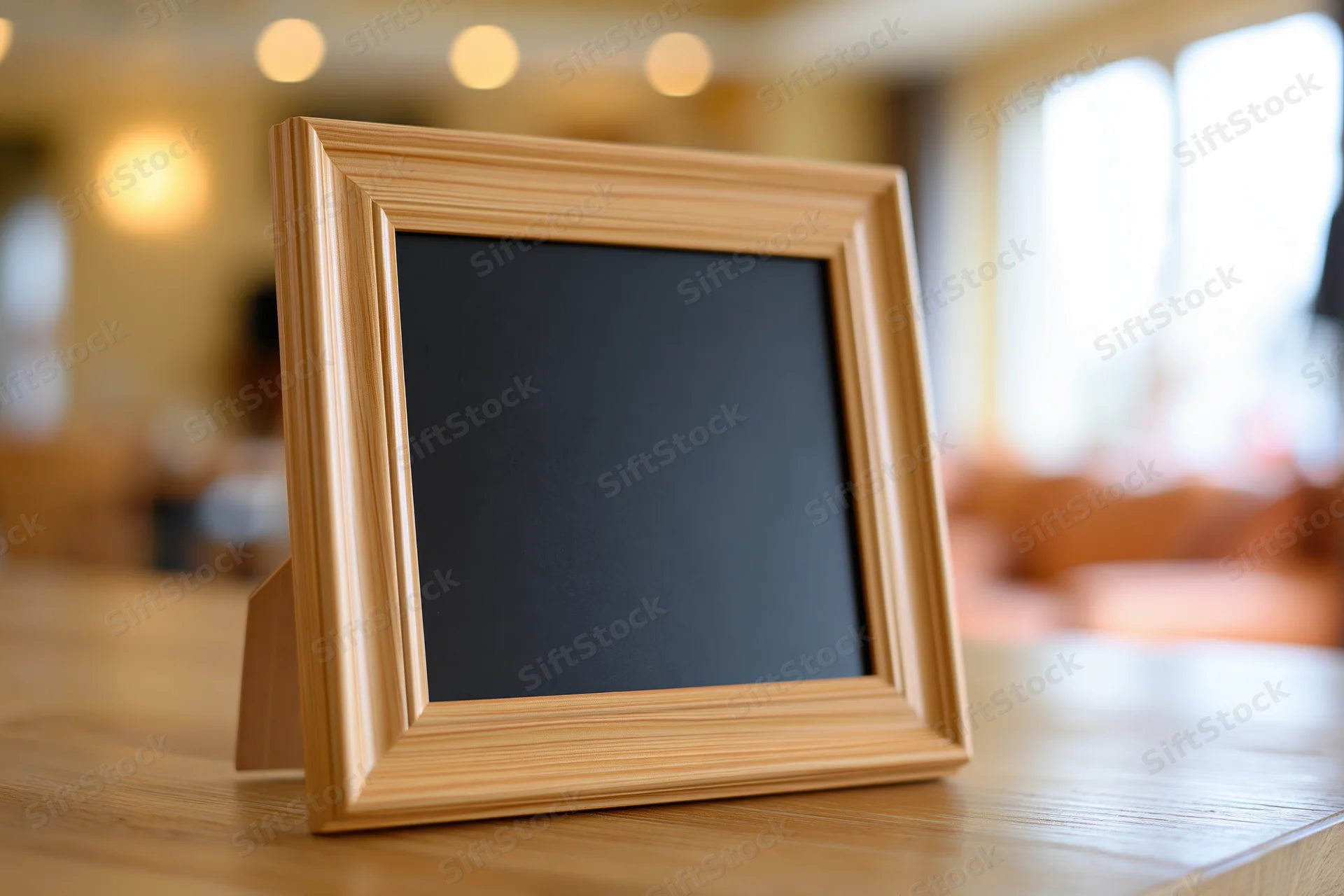 Wooden picture frame standing on a table in a living room setting