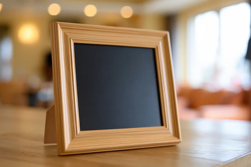 Wooden picture frame standing on a table in a living room setting