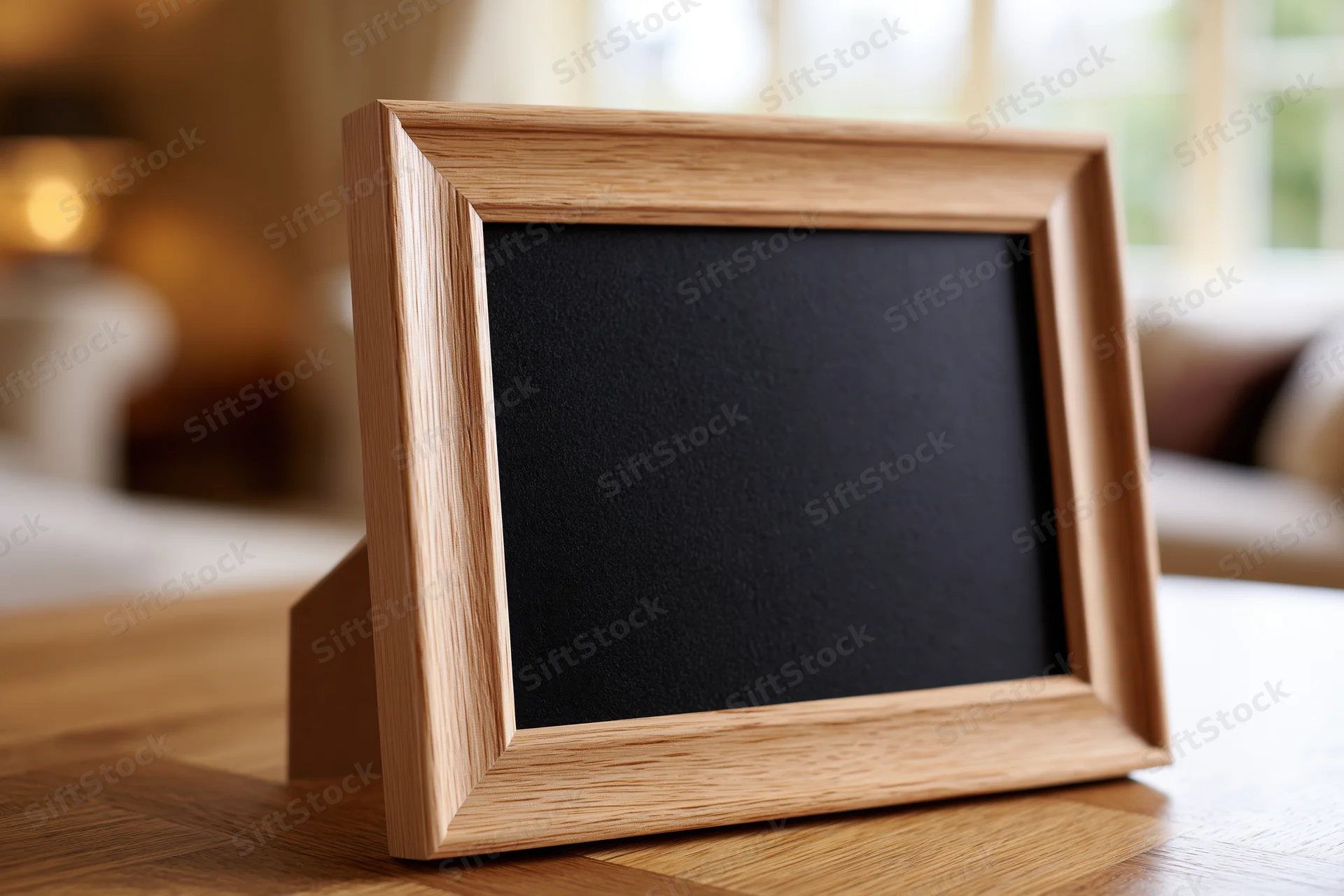 Wooden picture frame standing on a table in a living room with a black interior and shallow depth of field