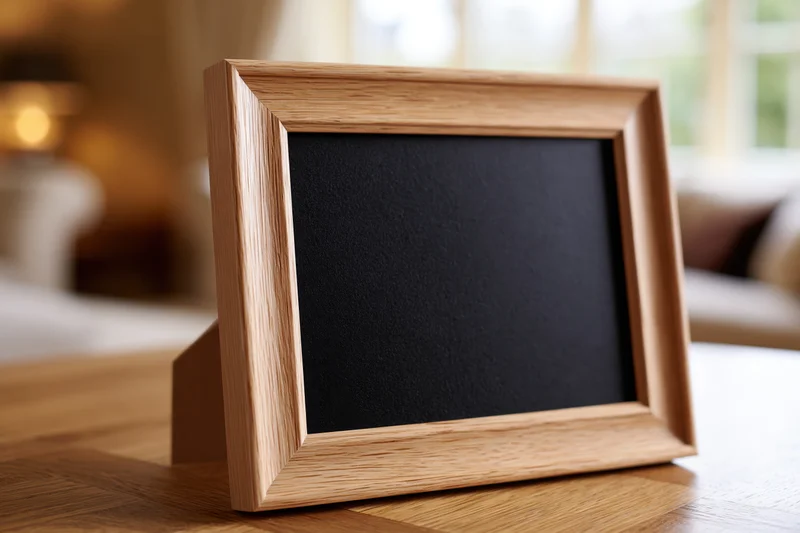 Wooden picture frame standing on a table in a living room with a black interior and shallow depth of field