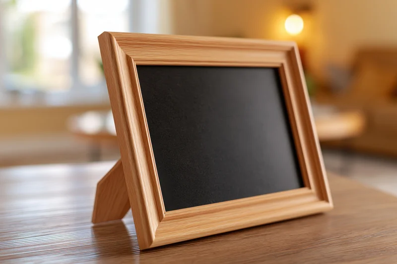 Wooden picture frame with black interior standing on a table in a living room