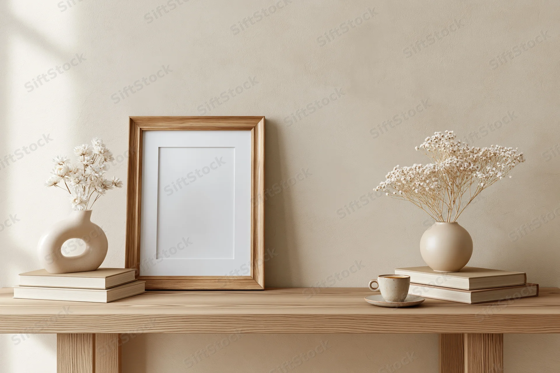 Empty wooden picture frame with white mat leaning on a shelf between vases of dried flowers and stacked books