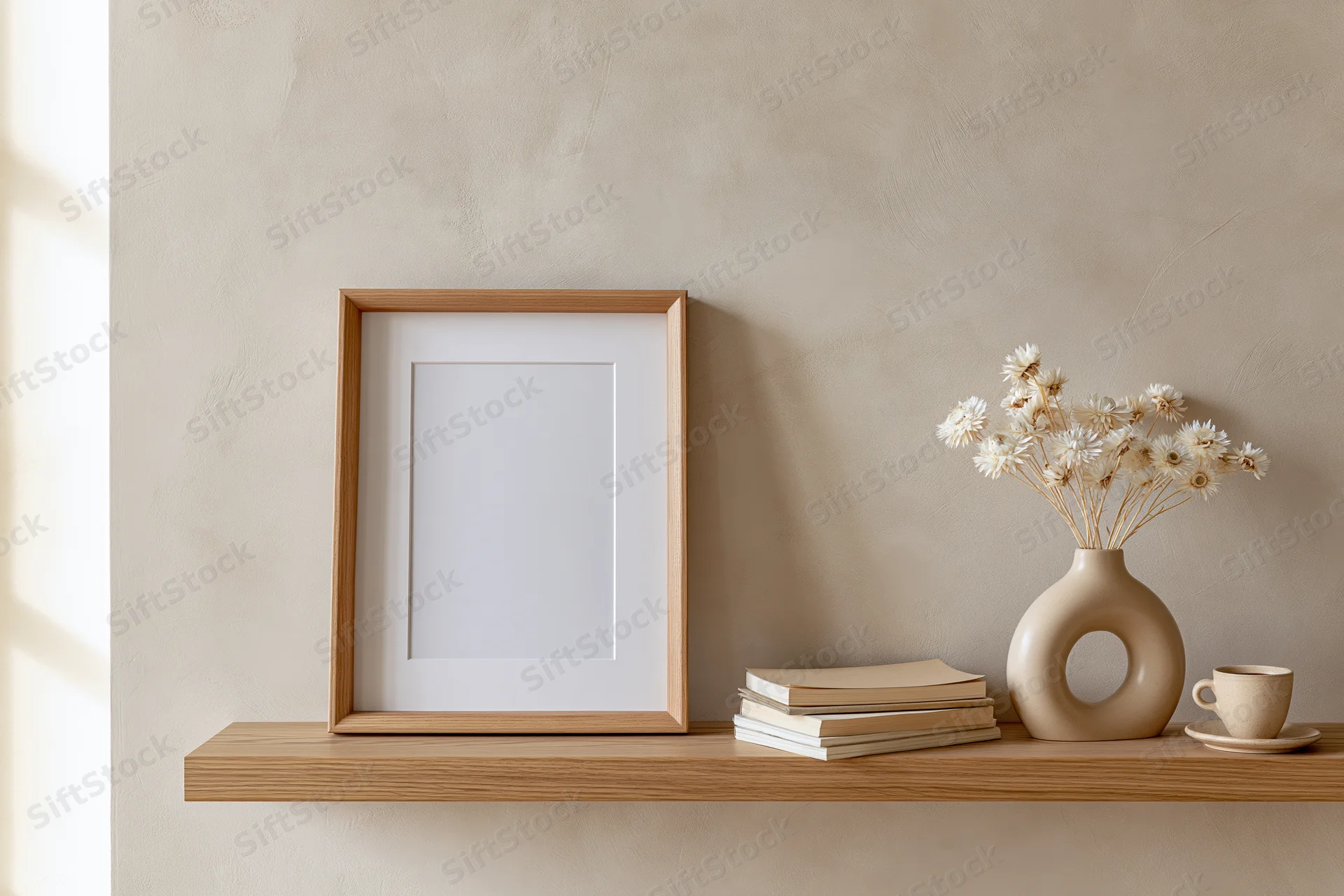 Empty wooden frame with white mat leaning on a shelf beside dried flowers in a vase, books, and a cup, against a beige wall